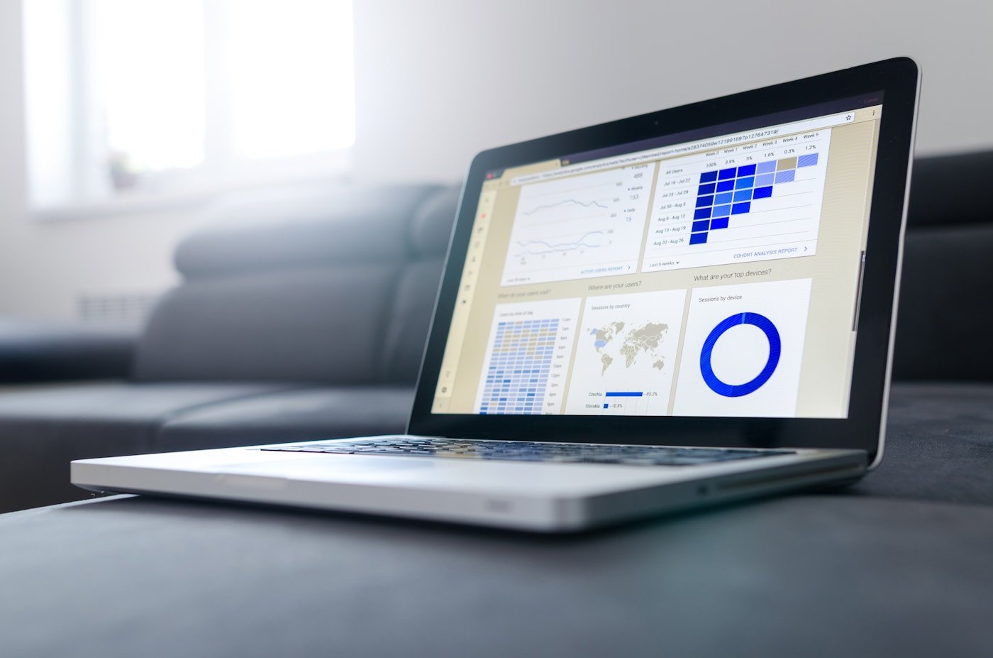 Business analytics displayed on a laptop